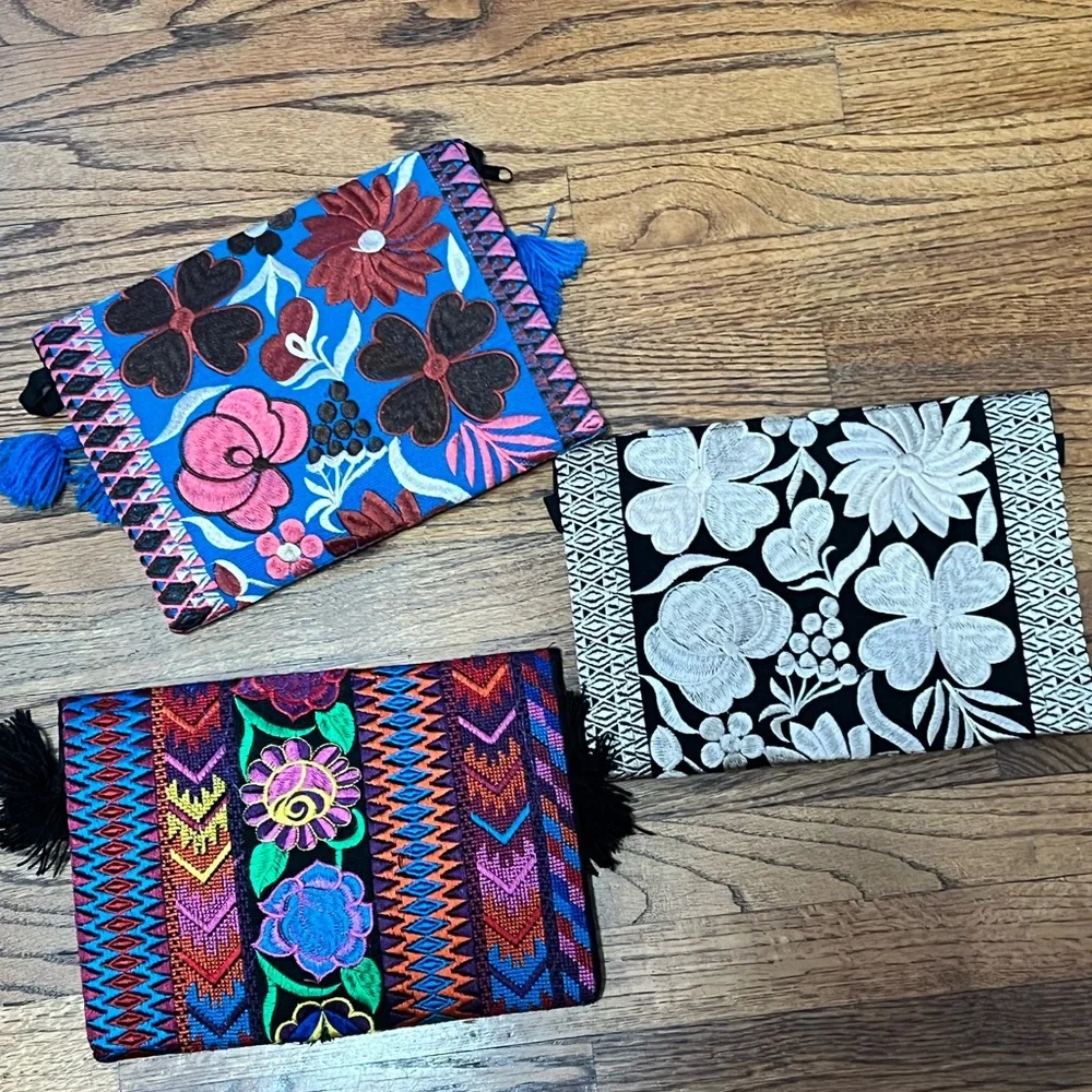 Floral Embroidered Clutch/Crossbody with Blue Tassels